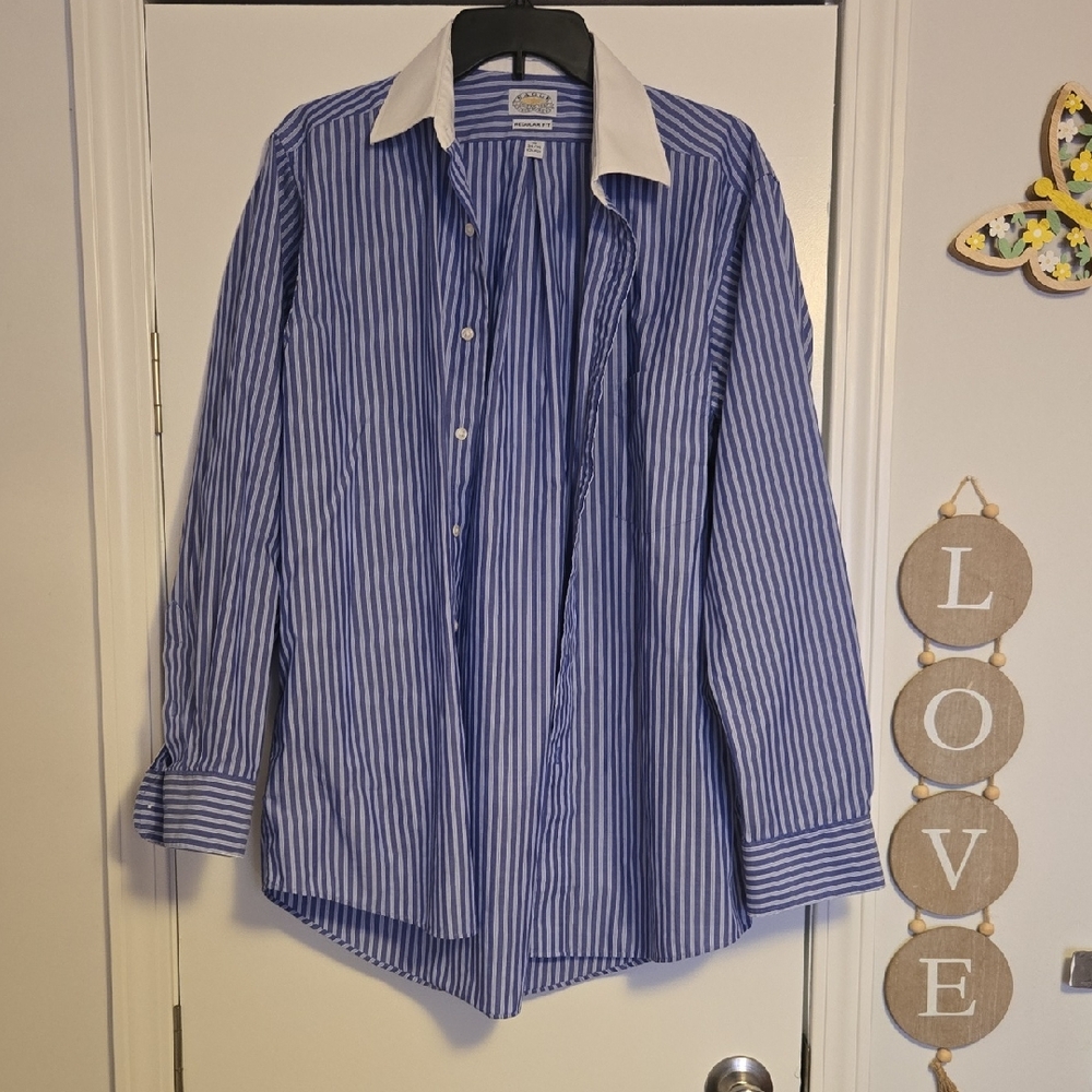 Blue and White Striped Button-Up Shirt with White Collar